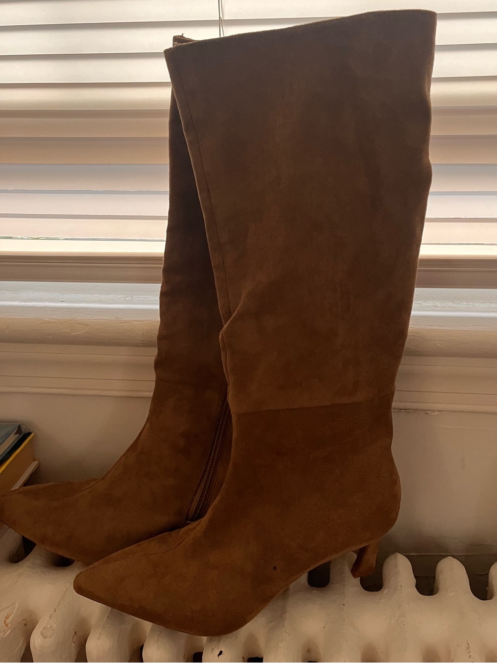 Brown Suede Knee-High Pointed-Toe Boots